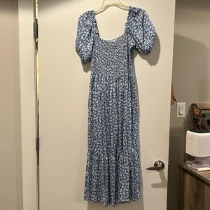 Pink Blush Blue Floral Smocked Short Sleeve Maternity Midi Dress